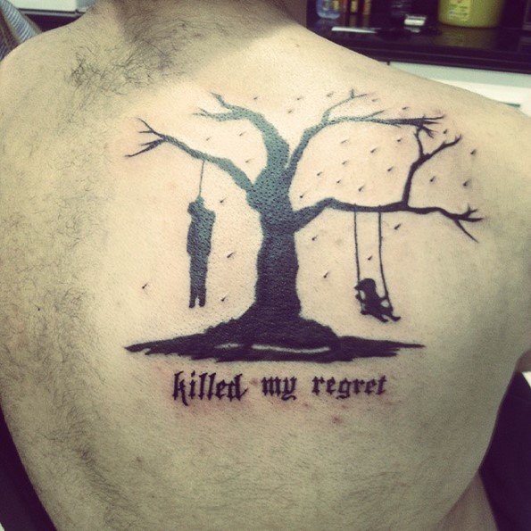 Killed My Regret With Autumn Tree Tattoo On  On Back Shoulder