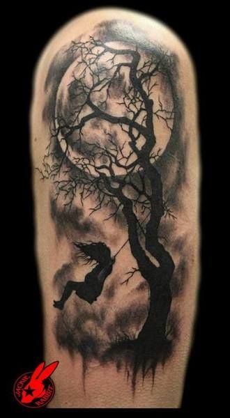 Lady Swinging On Tree Gothic Moon Tattoo by Jackie Rabbit