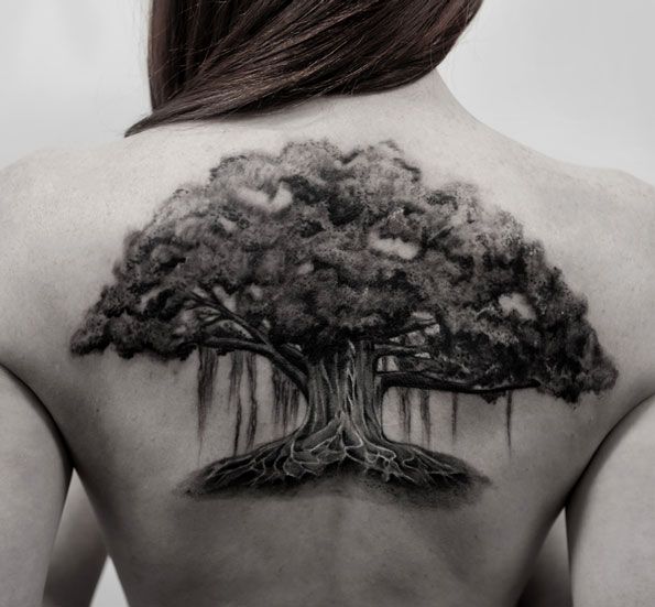 Large Oak Tree Tattoo On Girl Upper Back