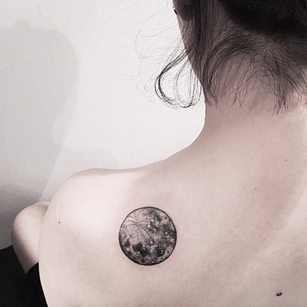 Left Back Shoulder Black And Grey Moon Tattoo