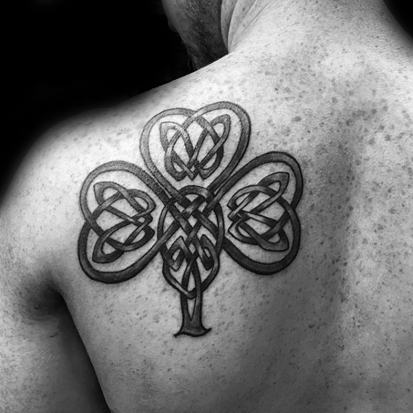 Left Back Shoulder Grey And Black Celtic Shamrock Tattoo