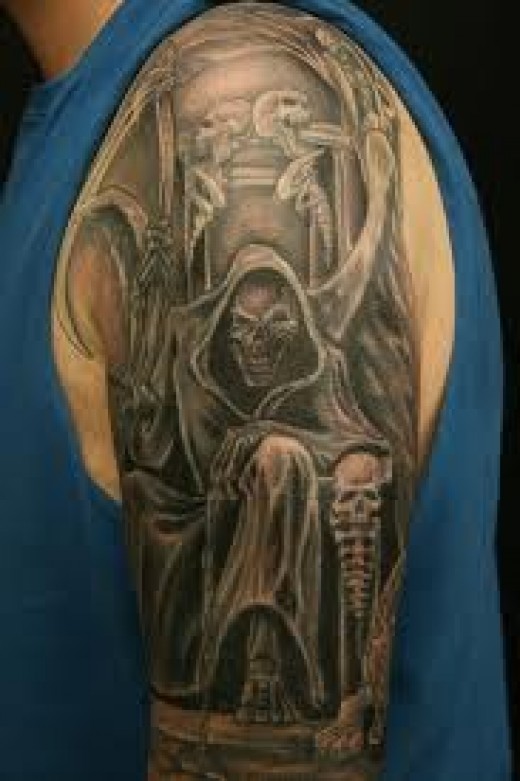 Left Half Sleeve Grim Reaper Tattoo For Men