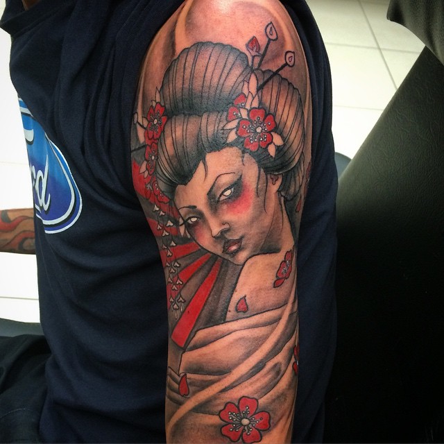 Left Half Sleeve Japanese Geisha Tattoo
