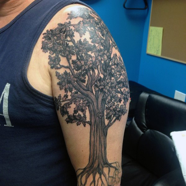Left Shoulder Black Ink Oak Tree Tattoo