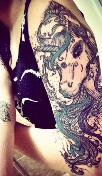 Left Sleeve Gothic Unicorn Tattoo For Girls