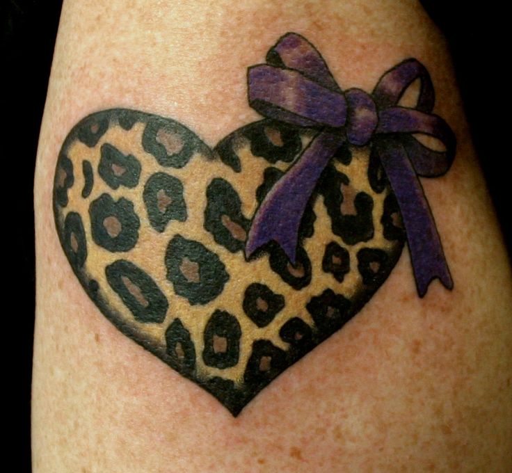 Leopard Print Heart With Purple Bow Tattoo