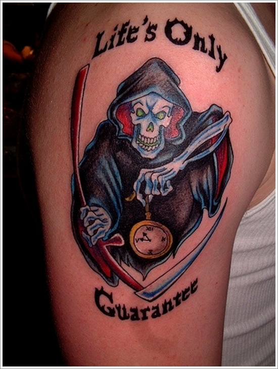 Life Is Only Guarantee - Colorful Grim Reaper Tattoo On Right Shoulder