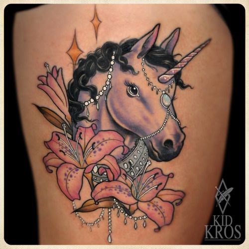 Lily Flowers And Unicorn Head Tattoo by Kid Kros