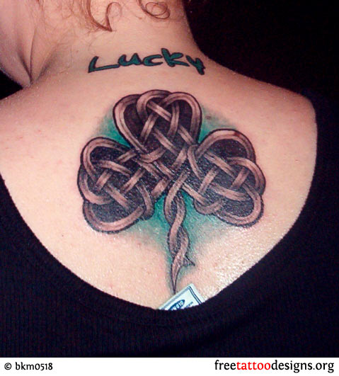 Lucky Celtic Shamrock Tattoo On Girl Upper Back