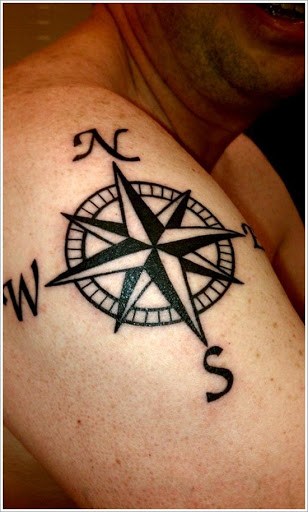 Man With Compass Tattoo On Right Shoulder