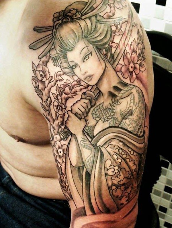 Man With Geisha Tattoo On Left Sleeve