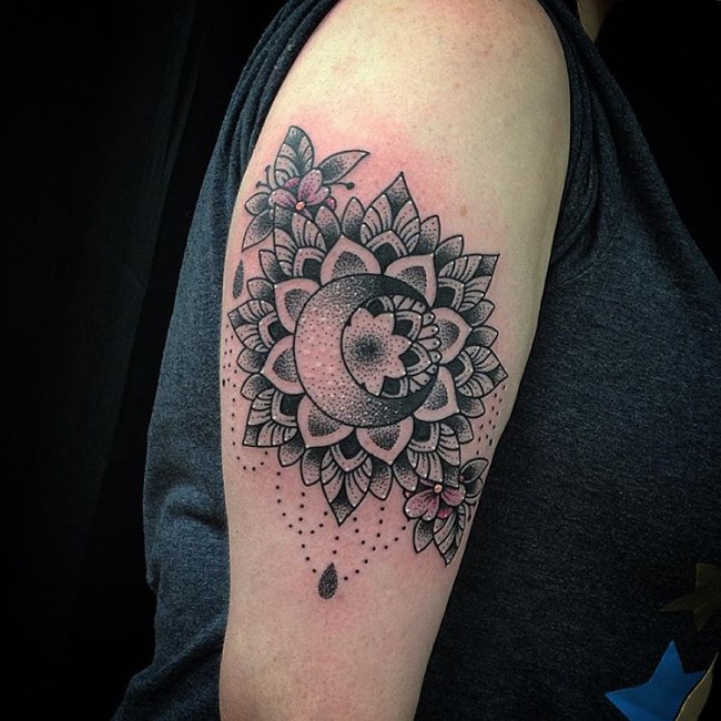 Mandala Flower And Crescent Moon Tattoo On Right Bicep