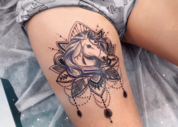 Mandala Flower And Feminine Unicorn Head Tattoo On Right Thigh