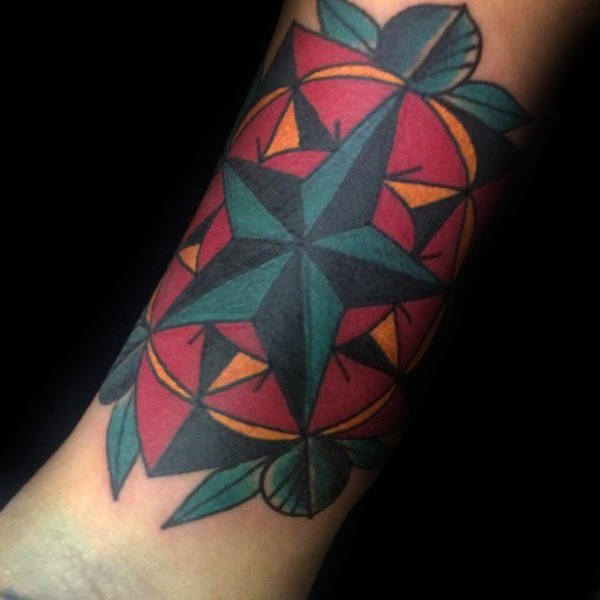 Mandala Flower And Nautical Star Tattoo On Arm Sleeve