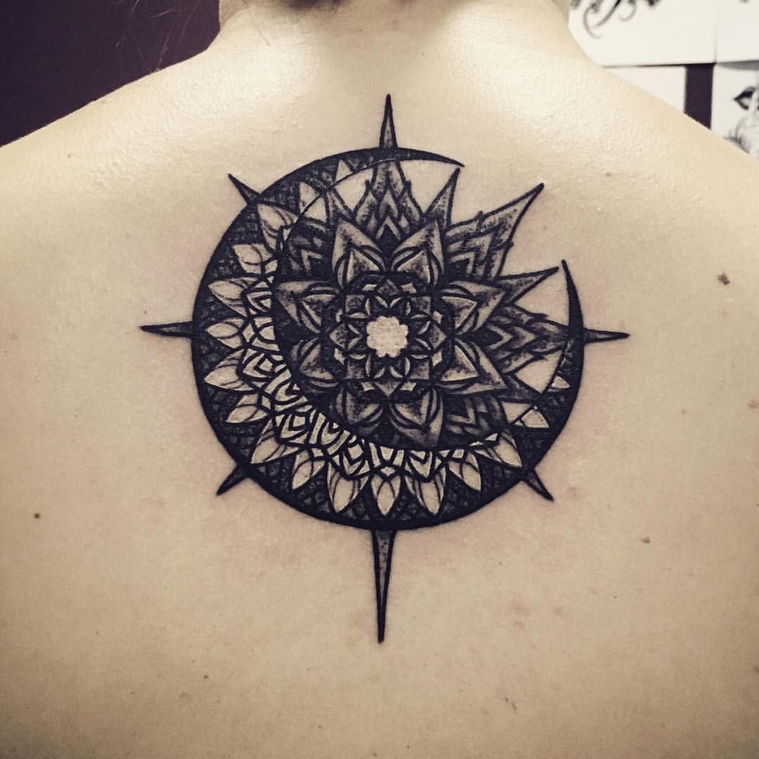 Mandala Flower Star And Sun Tattoo On Upper Back