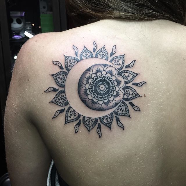 Mandala Sun And Half Moon Tattoo On Left Back Shoulder