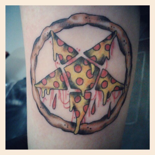 Melting Pizza Pentagram Star Tattoo On Bicep