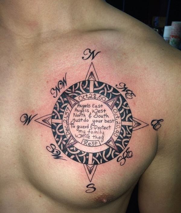 Memorial Compass Tattoo On Chest For Men