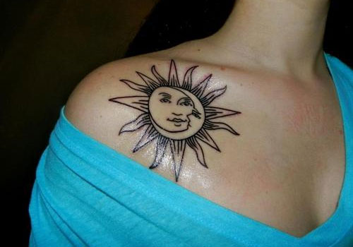Moon And Simple Sun Tattoo On Front Shoulder
