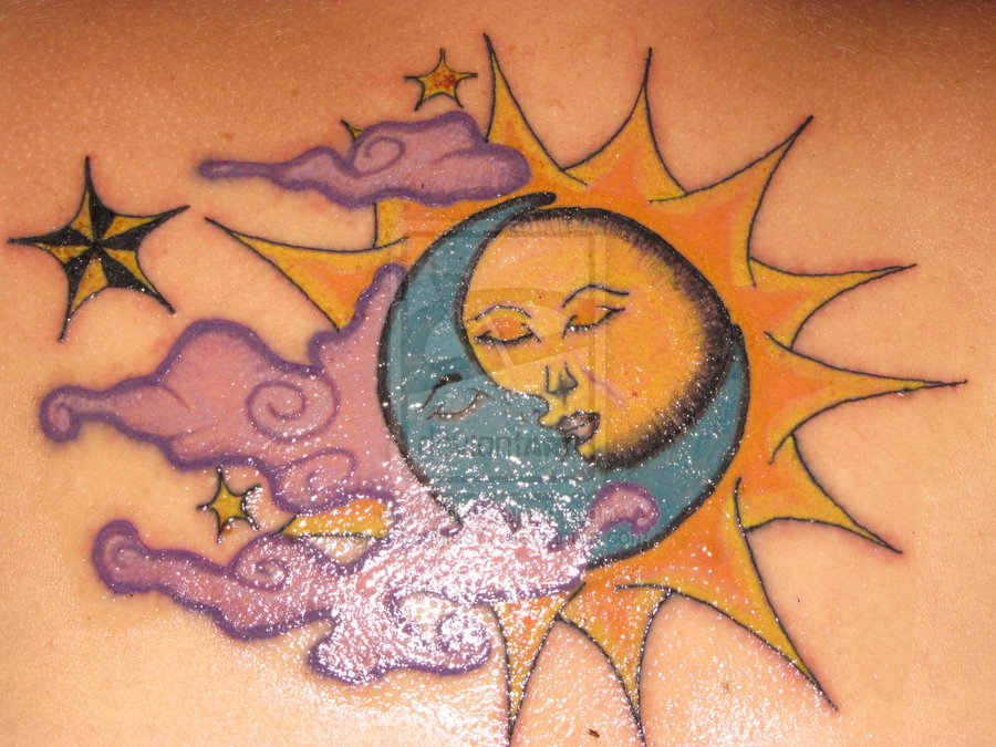 Moon And Sun Kissing And Stars Tattoo On Back