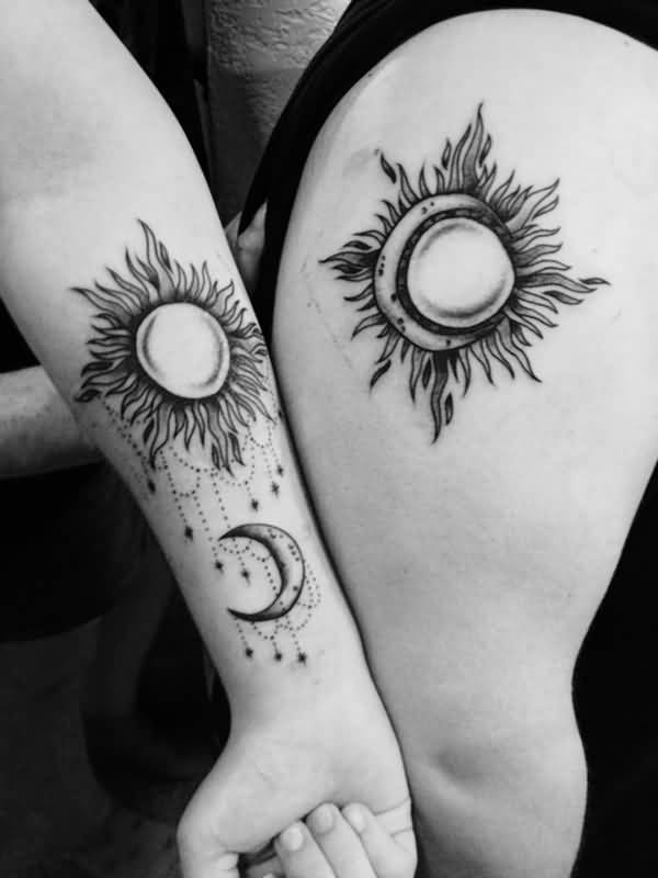 Moon And Sun Matching Tattoos On Forearm And Side Thigh
