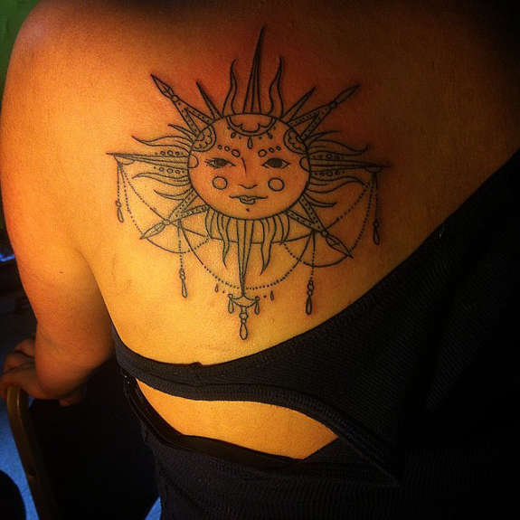 Moon And Sun Tattoo On Back Shoulder For Girls