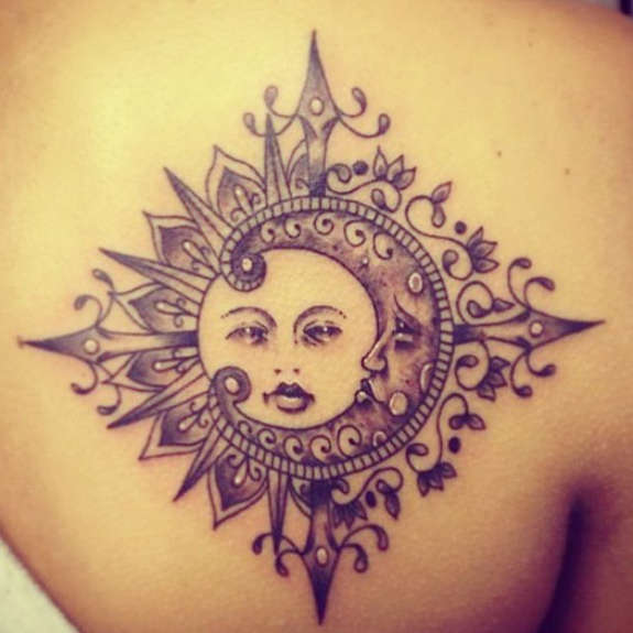 Moon And Sun Tattoo On Right Back Shoulder