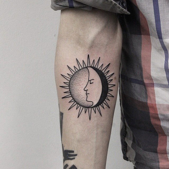 Moon And Sun Tattoo On Right Forearm