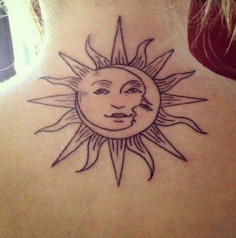 Moon And Sun Tattoo On Upper Back