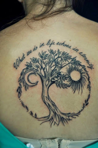 Moon And Sun with Ash Tree Tattoo On Upper Back