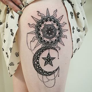 Moon, Star And Sun Tattoo On Side Thigh
