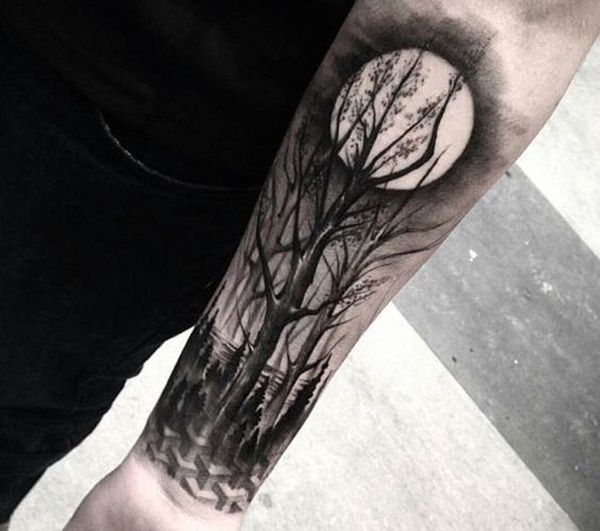Moon View From Forest Trees Tattoo On Left Forearm