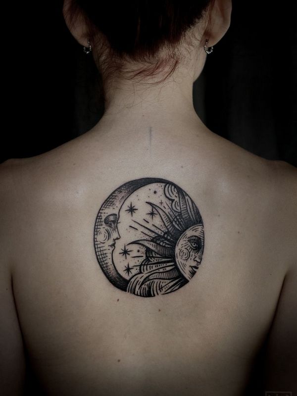 Moon With Sun Tattoo On Girl Upper Back
