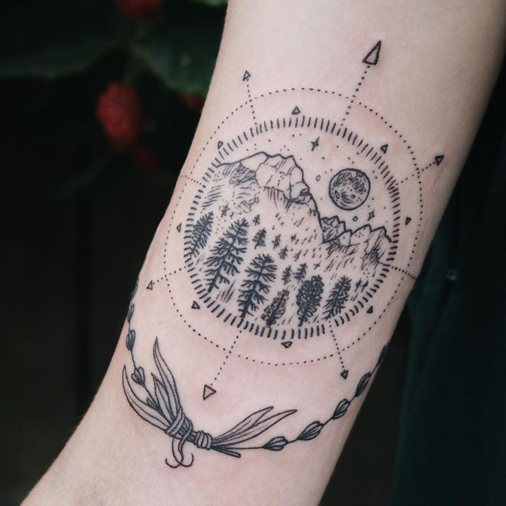 Mountains In Compass Tattoo On Arm