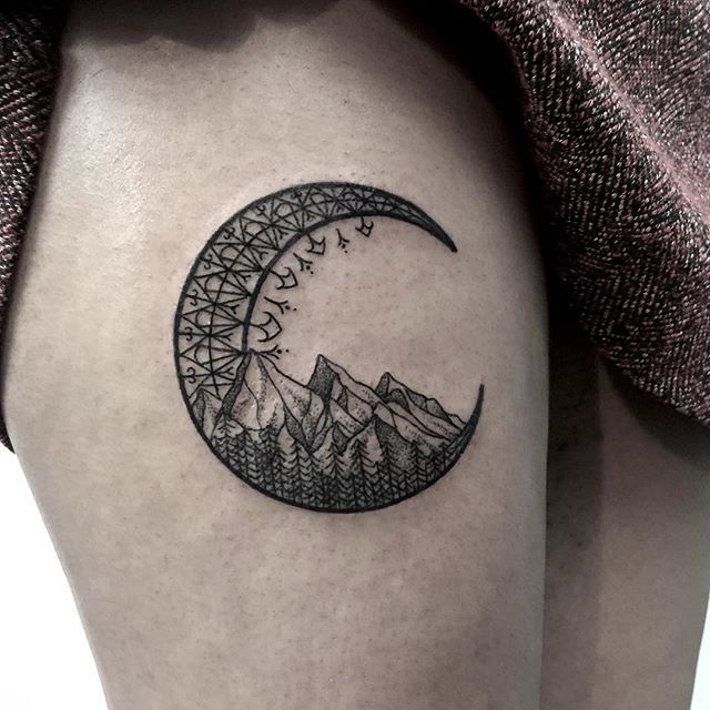 Mountains In Moon Tattoo On Right Thigh