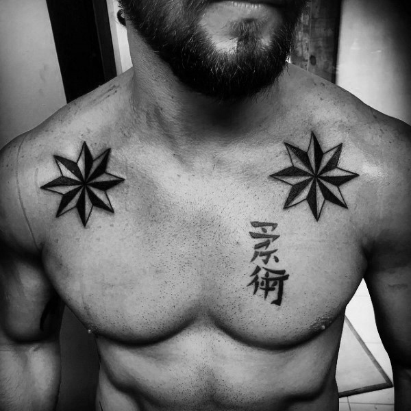 Nautical Star Tattoos On Man Front Shoulders