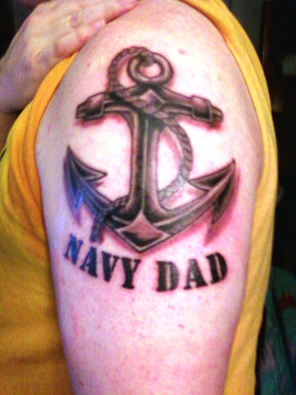 Navy Dad Anchor Rope Tattoo On Left Shoulder