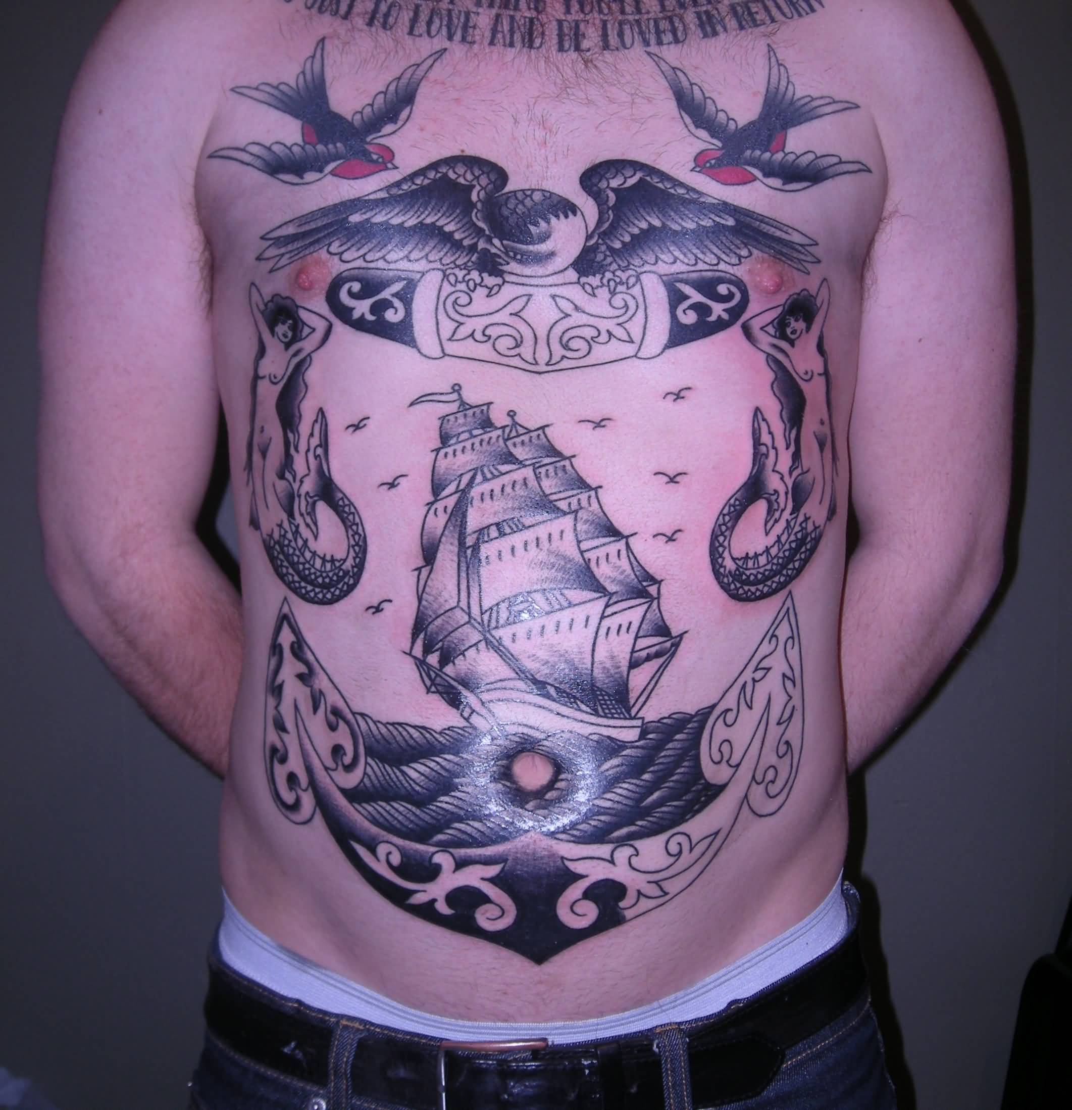 Navy Ship And Big Anchor With Birds And Mermaid Tattoo On Full Body
