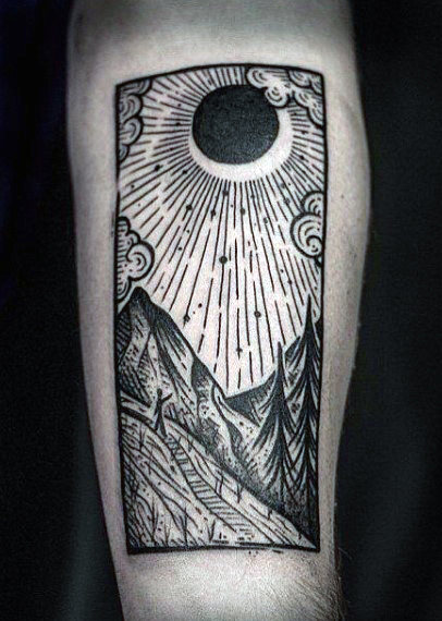 Nice Black Ink Rising Sun And Mountains Tattoo On Sleeve