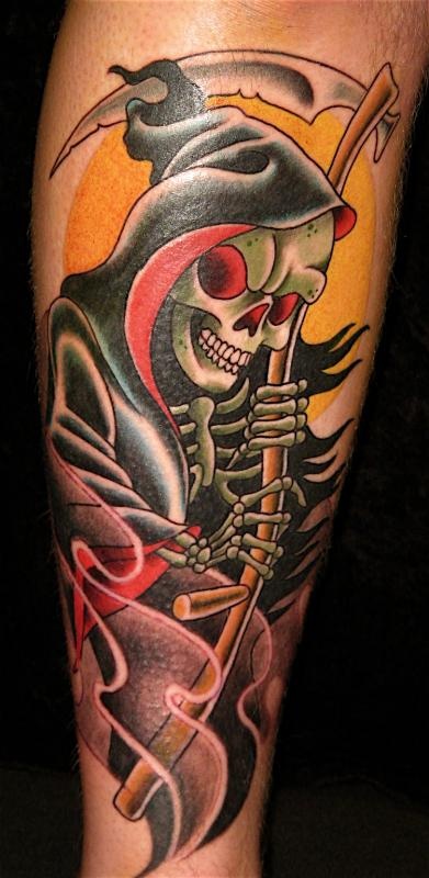 Nice Colored Grim Reaper Tattoo On Leg