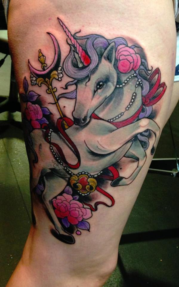 Nice Colorful Unicorn Tattoo On Leg Sleeve