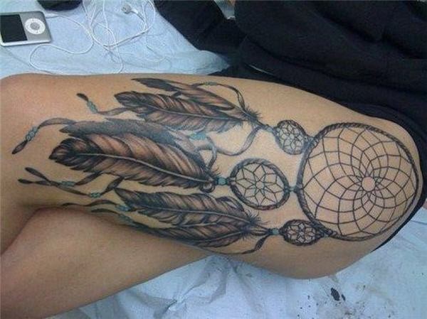 Nice Grey And Black Dreamcatcher Tattoo On Left Thigh