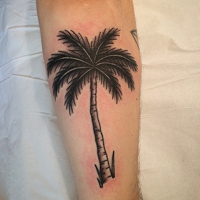 Nice Grey And Black Palm Tree Tattoo On Sleeve