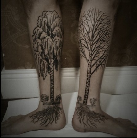 Nice Grey Ink Birch Tree Tattoos On Legs