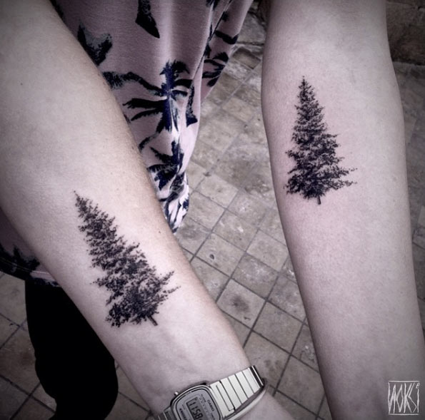 Nice Grey Ink Tree Tattoos On Both Forearm