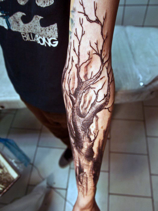 Oak Tree Tattoo On Left Sleeve