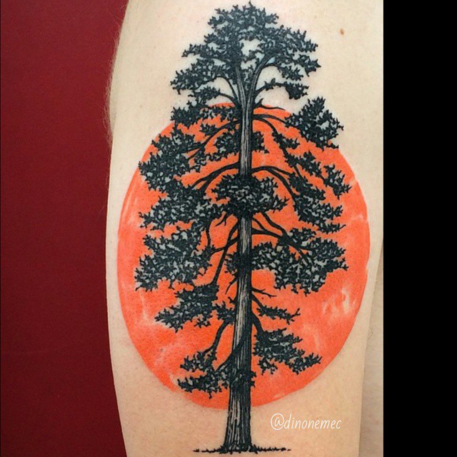 Orange Ink Moon And Pine Tree Tattoo On Half Sleeve