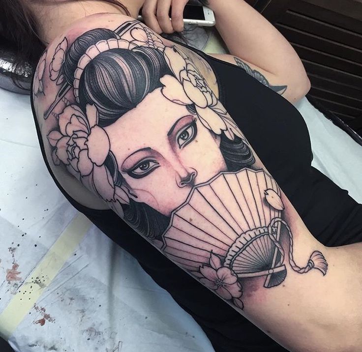 Outline Flowers And Geisha Tattoo On Right Half Sleeve
