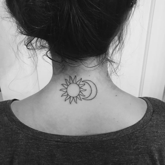 Outline Moon And Simple Sun Tattoo On Girl Nape