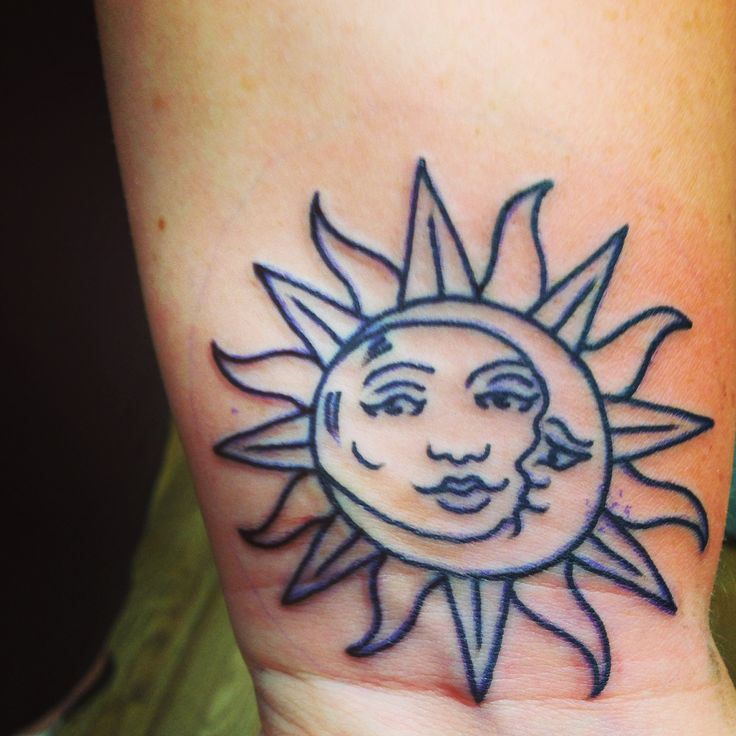 Outline Moon And Sun Tattoo On Wrist